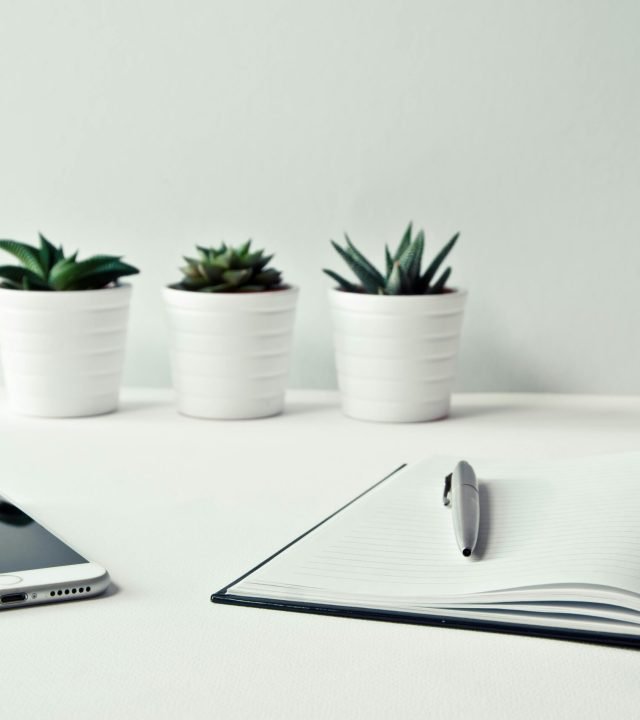 A clean, minimalist workspace featuring a smartphone, open notepad, pen, and potted succulents.